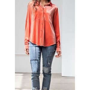 Easel Los‎ Angeles Velvet Velour Button Up Long Roll Tab Sleeve Top Plus Size 3X